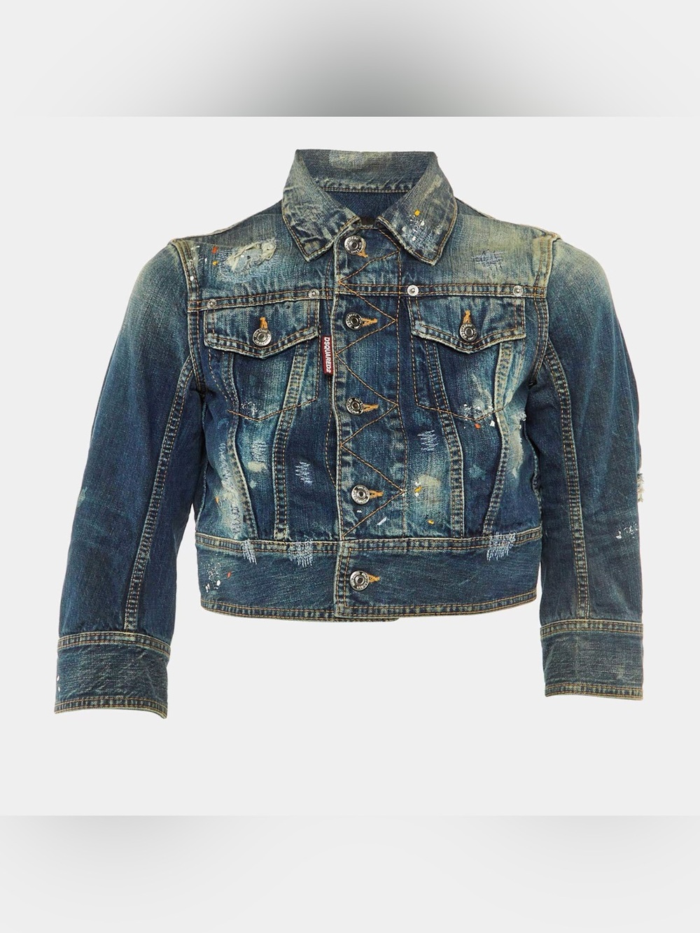 DSQUARED2 Distressed and Paint Splatter Blue Denim Cropped Jacket, 3/4 Sleeve